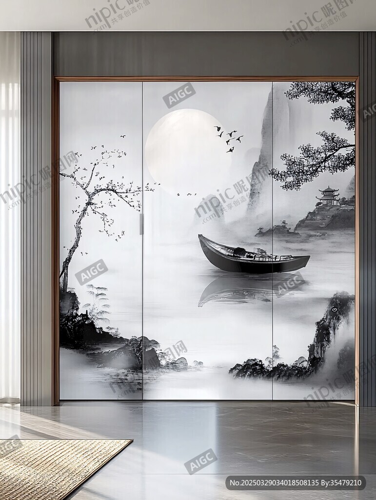 中式水墨山水屏風裝飾畫