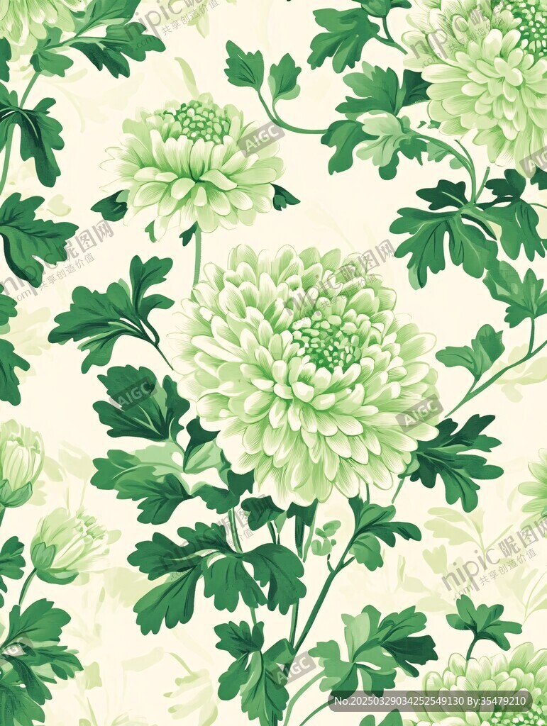 清新綠菊花卉圖案壁紙