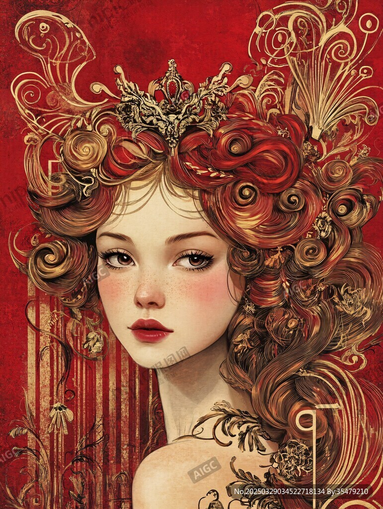 復(fù)古華麗紅發(fā)少女插畫