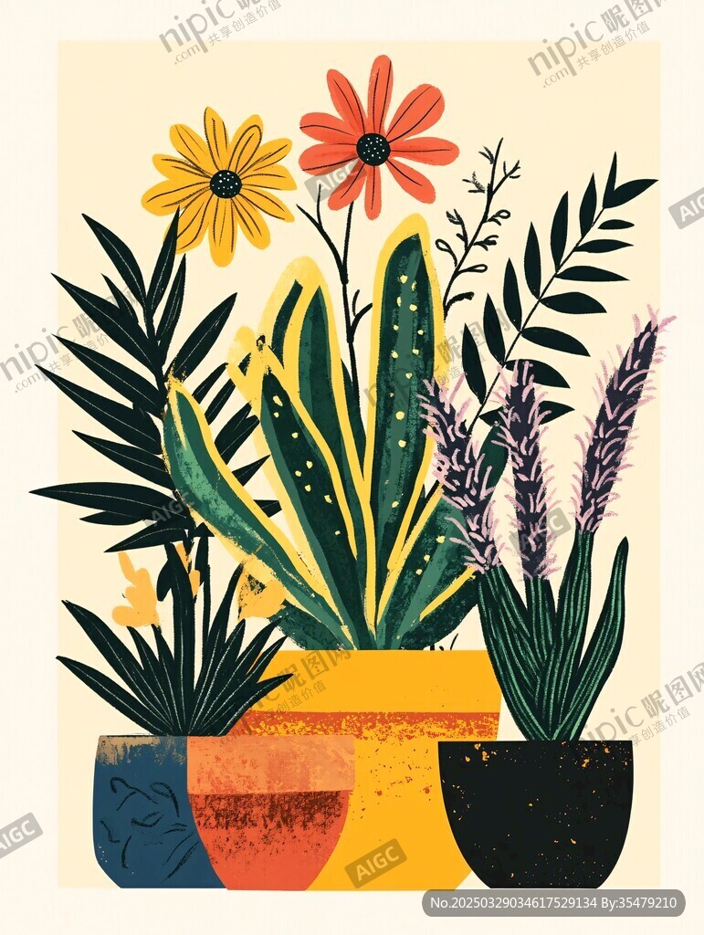 多彩盆栽花卉插畫(huà)作品
