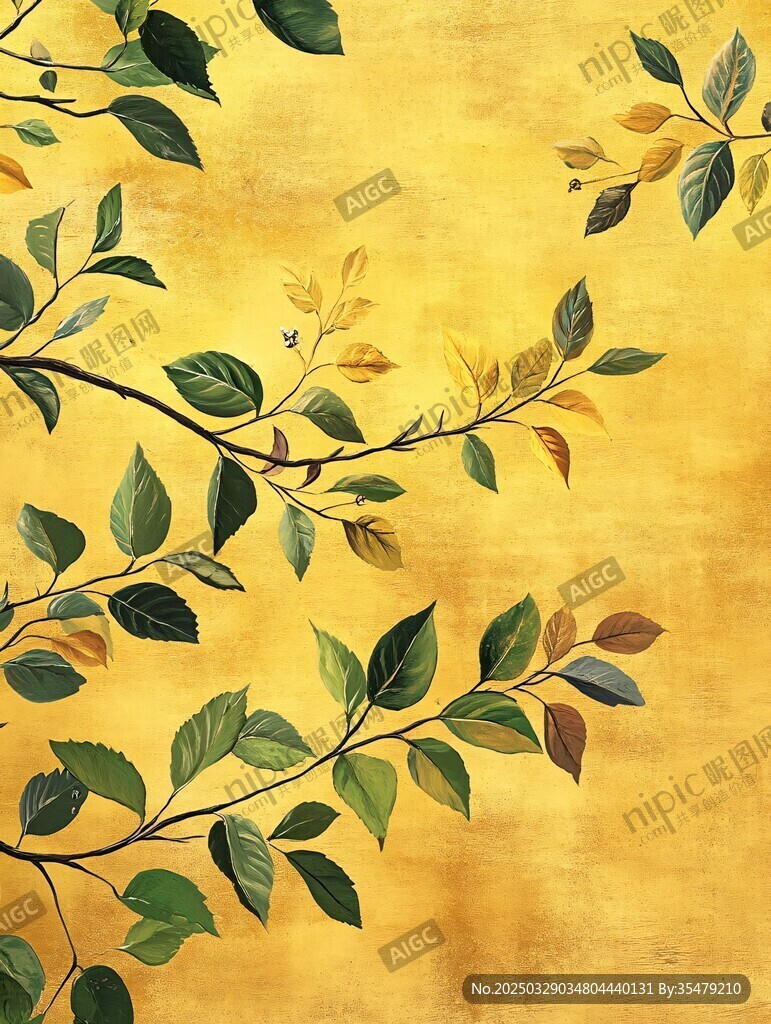 金黃背景上的翠綠枝葉
