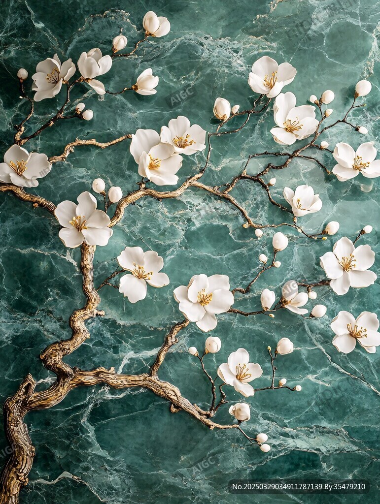 玉蘭花枝于綠大理石背景