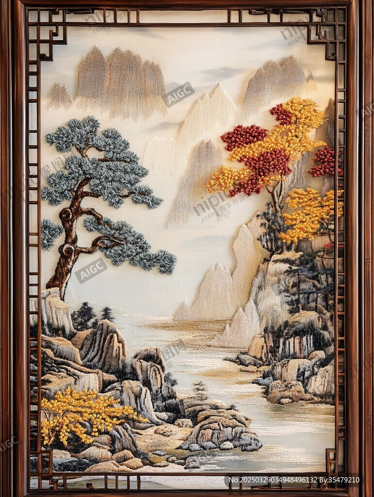 中式山水刺繡畫(huà)屏風(fēng)