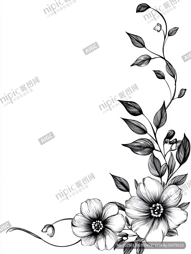 黑白花卉邊角裝飾圖案
