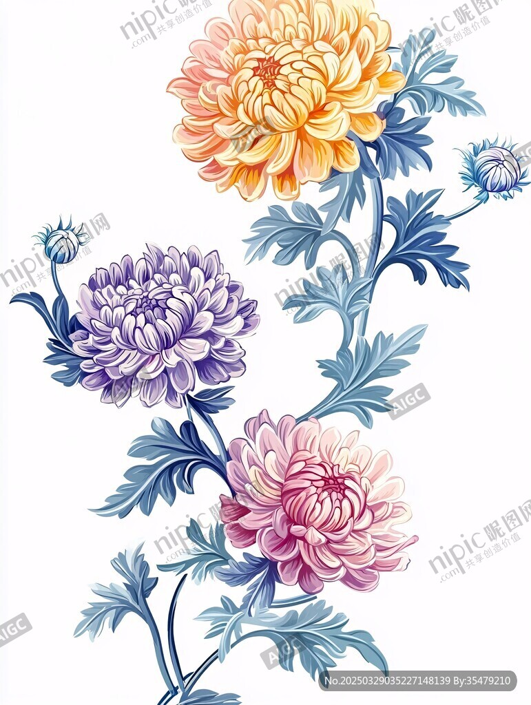 三色菊花插畫