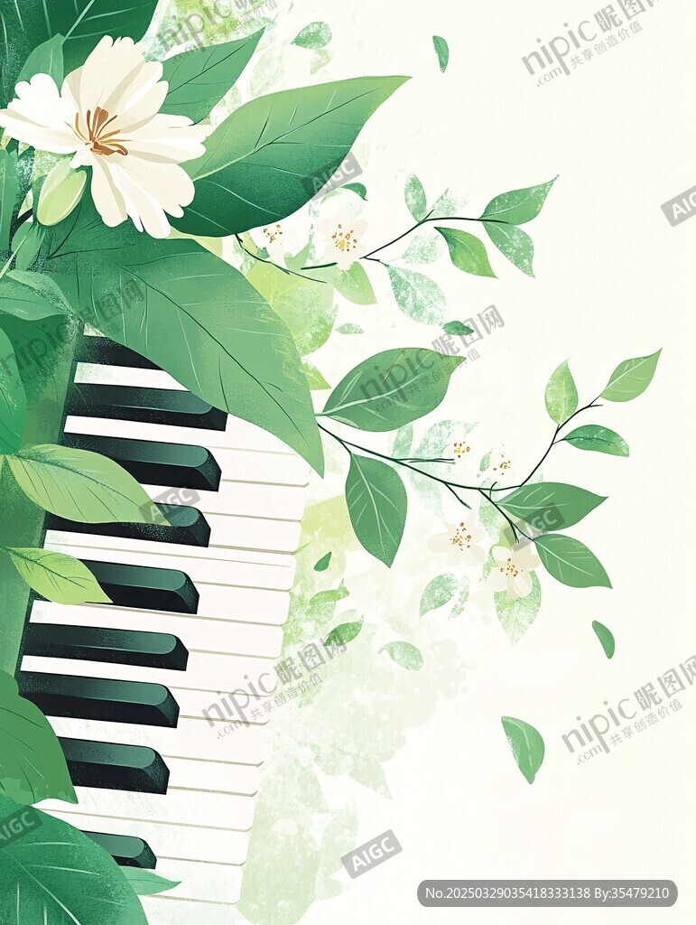 鋼琴上的花卉綠葉景致