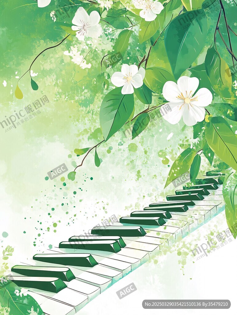 春日鋼琴與爛漫花朵圖景