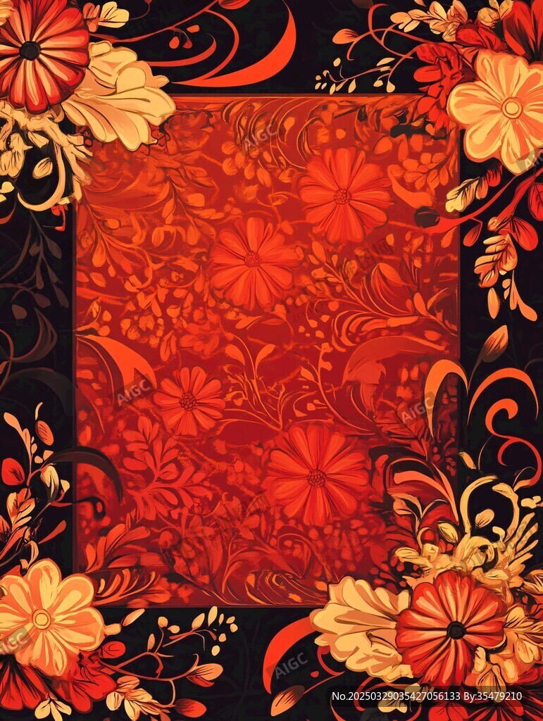 復(fù)古花卉邊框紅色背景圖