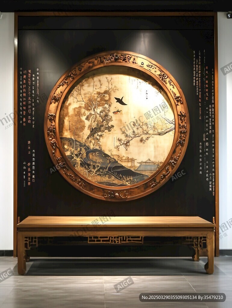 中式圓形壁畫與木質長椅