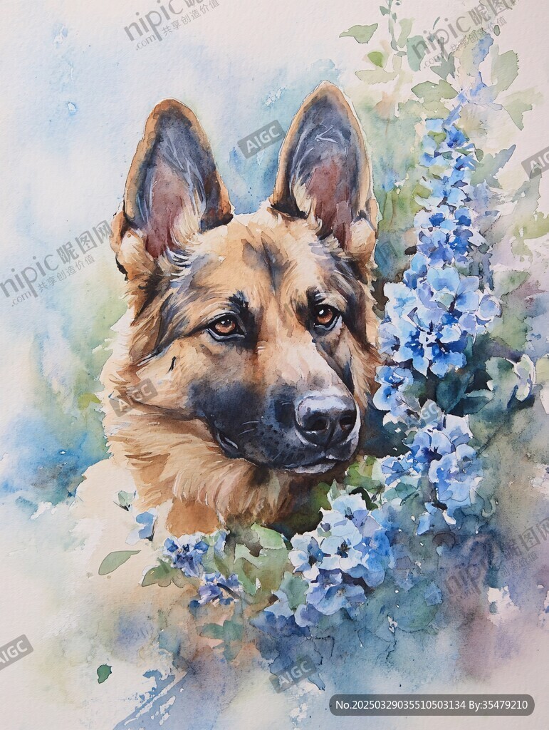 水彩畫中德國牧羊犬與藍花