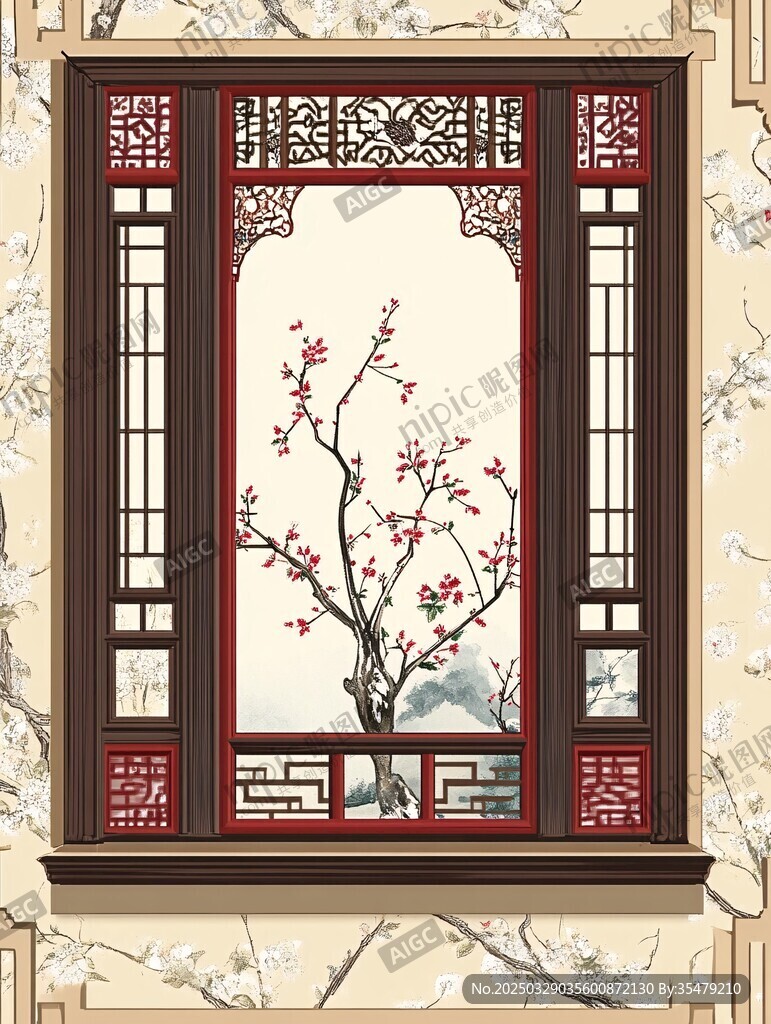 中式雕花窗中的紅梅景致