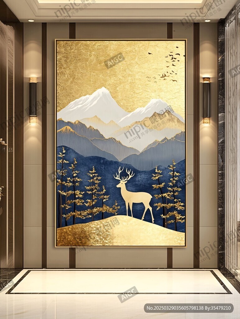 金鹿立山景玄關(guān)裝飾畫(huà)
