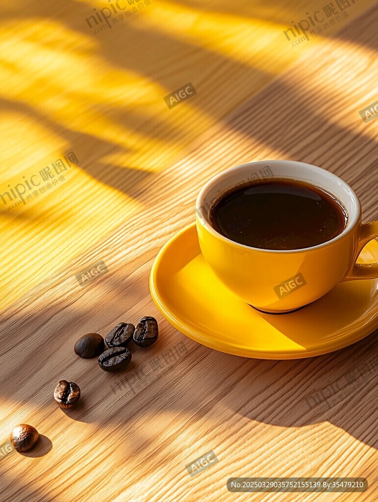 陽光下的黃色咖啡杯與豆