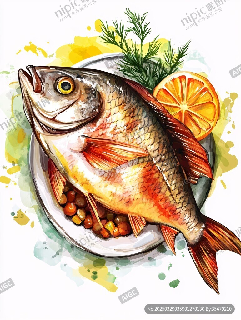 水彩畫中的鮮魚與配菜