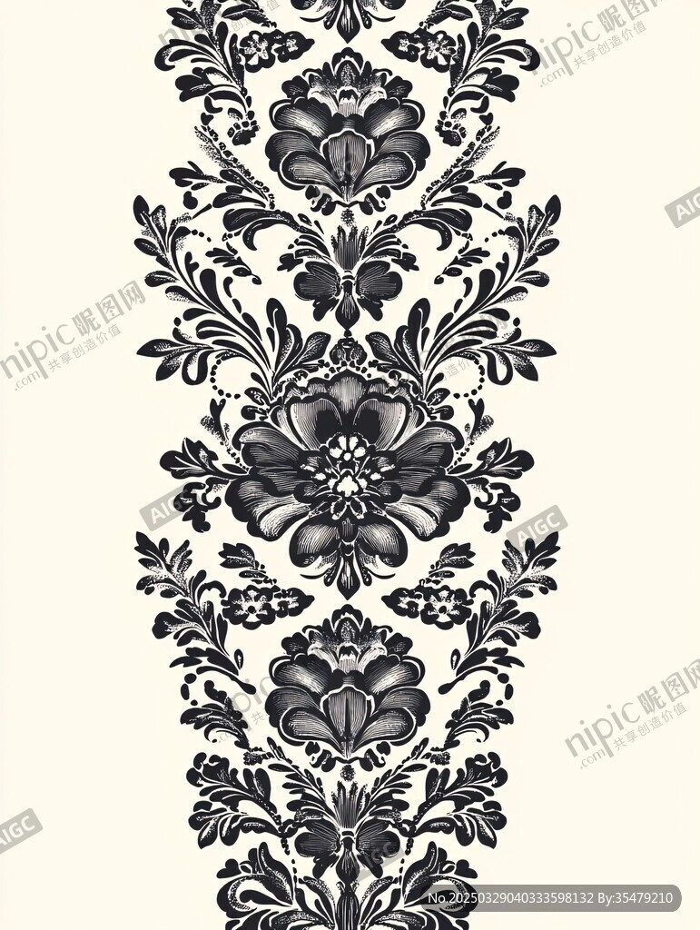 復古黑白花卉垂直裝飾圖案