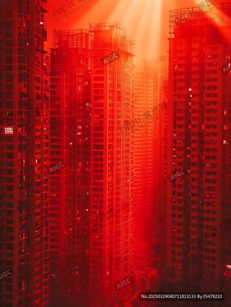 紅色光影下的高樓景象