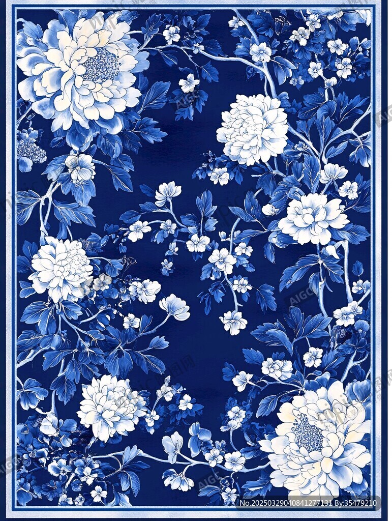 藍(lán)底白花中式花卉圖案