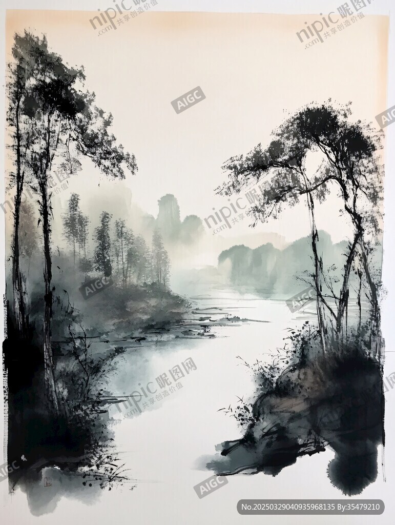 水墨山水間的靜謐河景