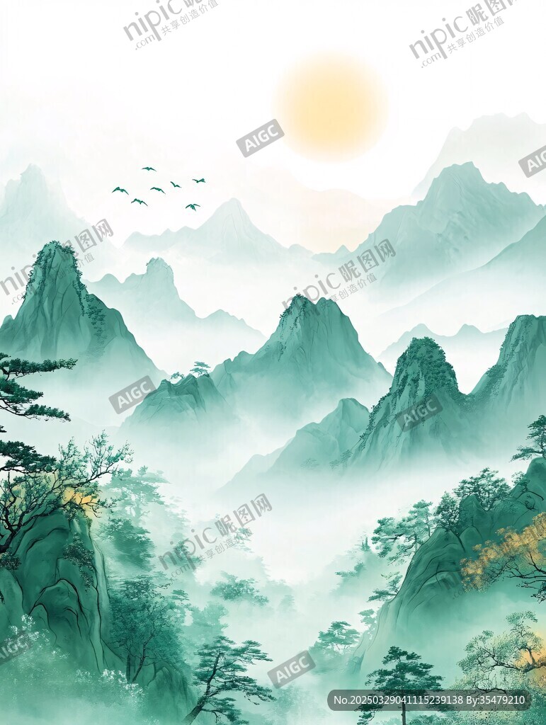青山旭日飛鳥詩意山水景