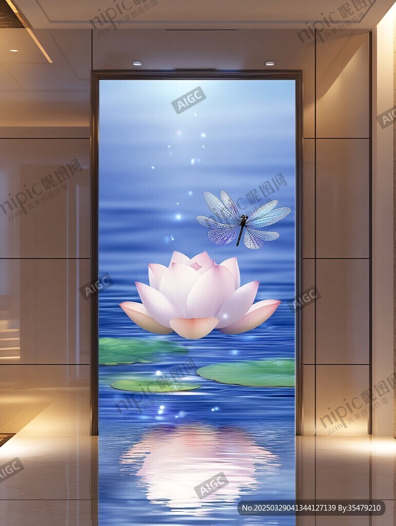 荷花蜻蜓玄關唯美壁畫