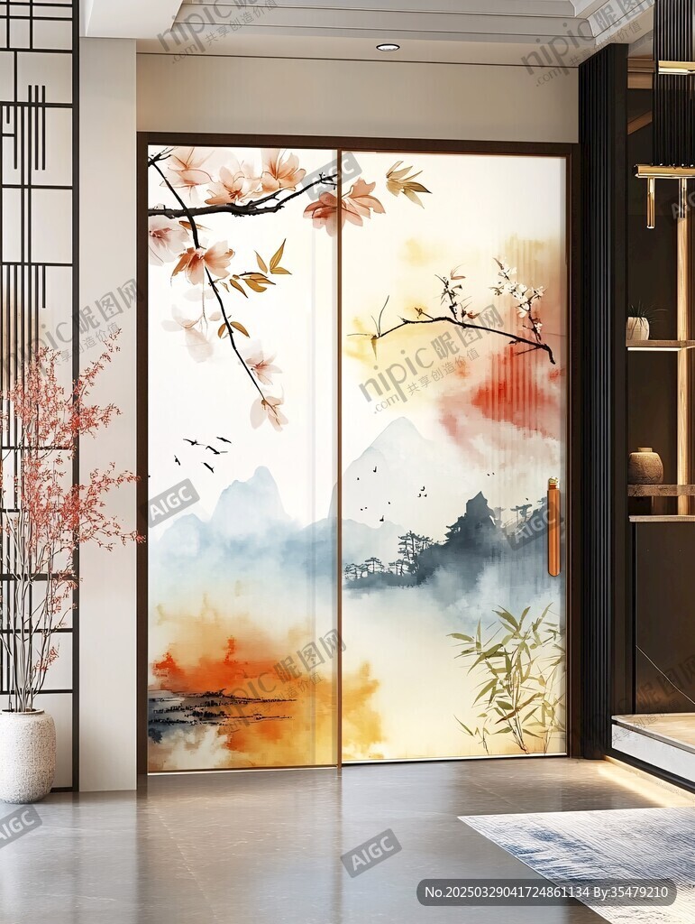 中式山水花鳥移門裝飾畫