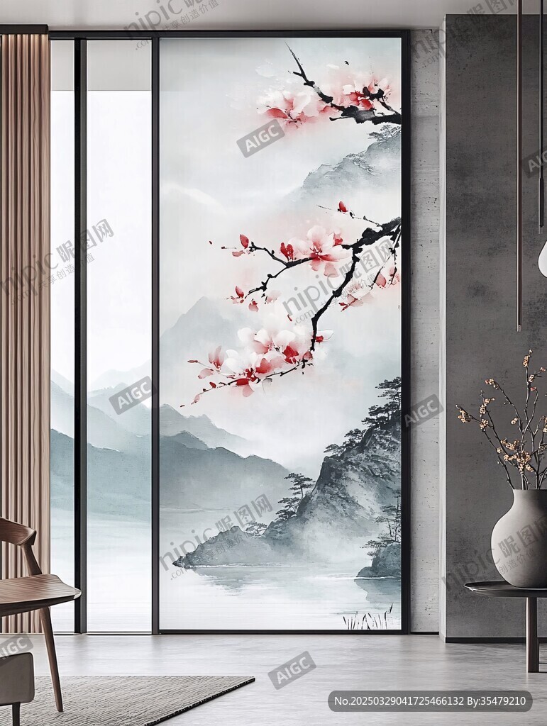 中式山水梅花屏風美飾