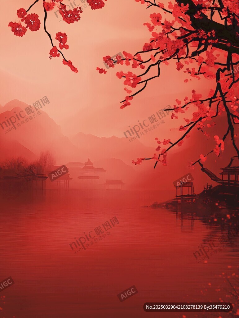 紅梅映水間的詩意山水