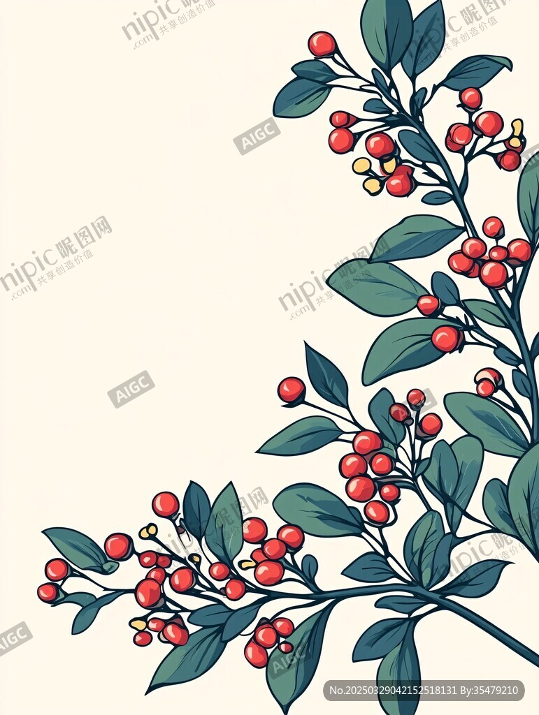 紅果綠葉植物裝飾圖案