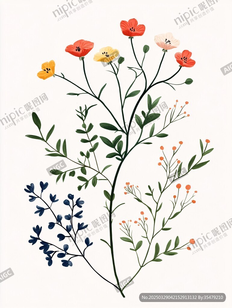 手繪多彩花卉植物插畫