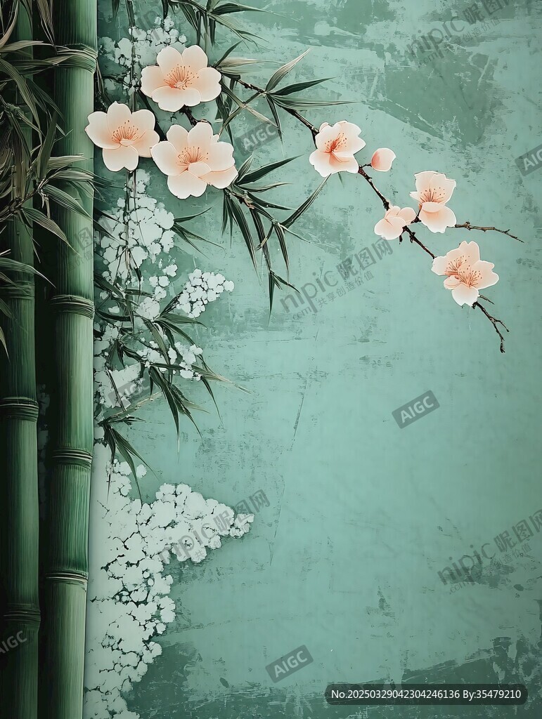 竹畔桃花中式雅致圖景