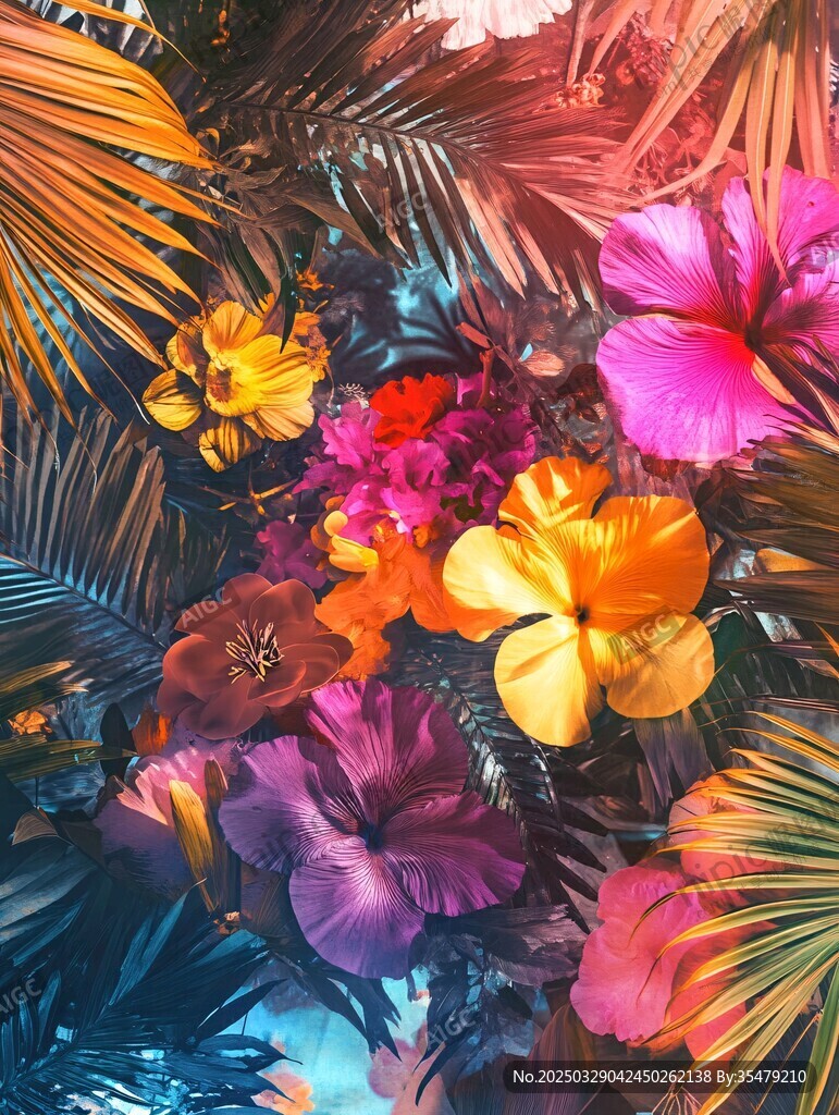 熱帶花卉與棕櫚葉絢麗圖景