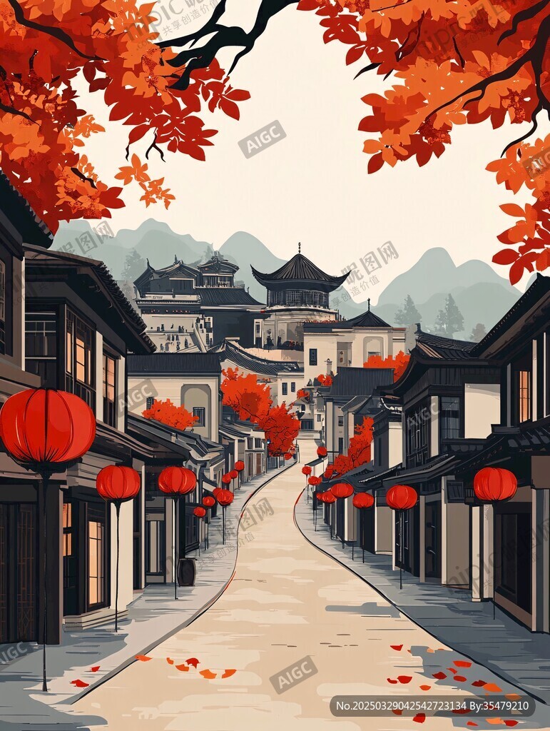 秋日古街 紅葉燈籠映古韻