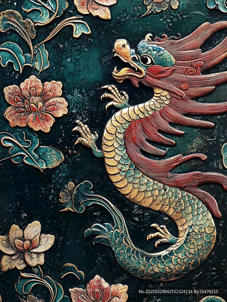 中式浮雕龍與花卉圖案