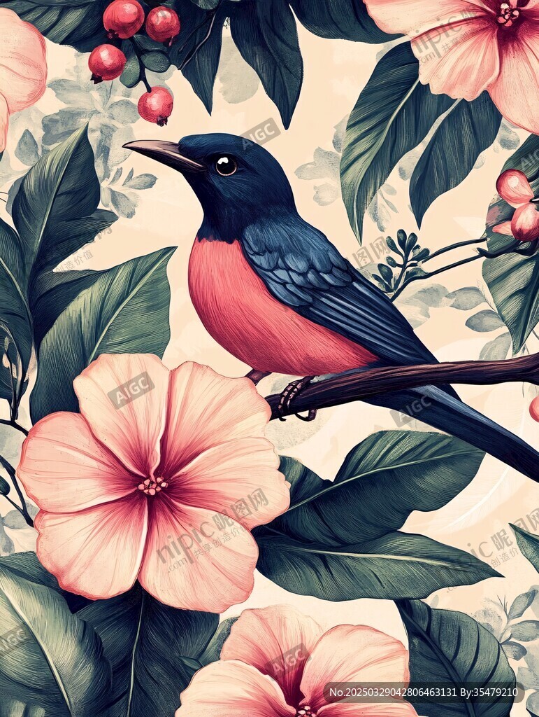 花鳥相依的唯美自然圖景