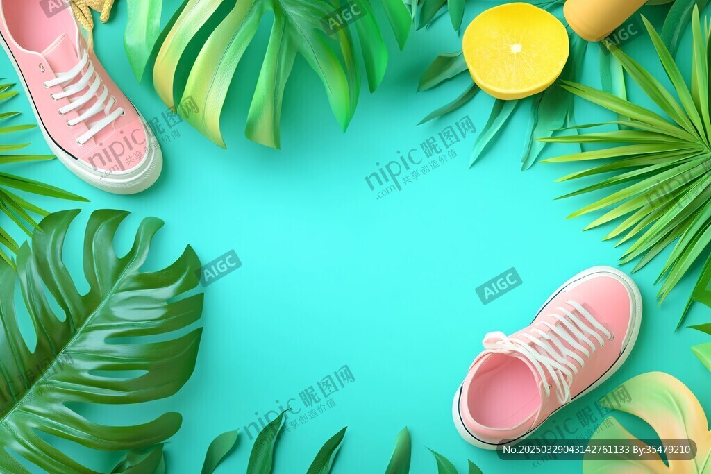 清新綠葉環(huán)繞的粉色休閑鞋