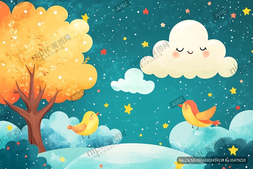夢幻夜空下的樹鳥云景