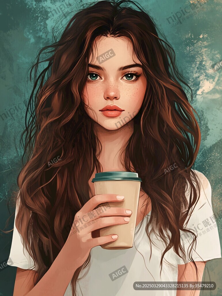手持咖啡的卷發(fā)魅力女孩