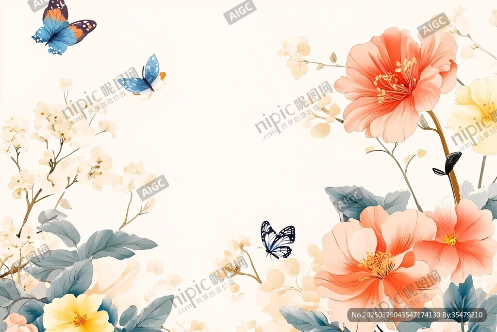 花卉蝴蝶唯美插畫場(chǎng)景