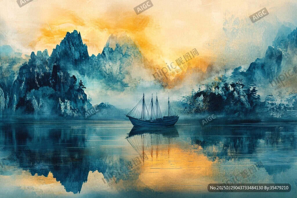 水墨山水間的孤舟之景
