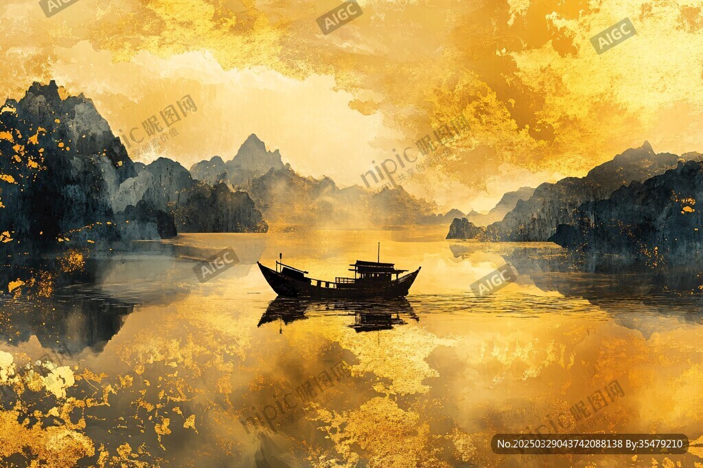 金色山水間的孤舟美景