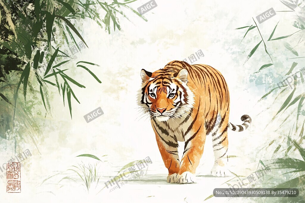 水墨虎行于竹林間