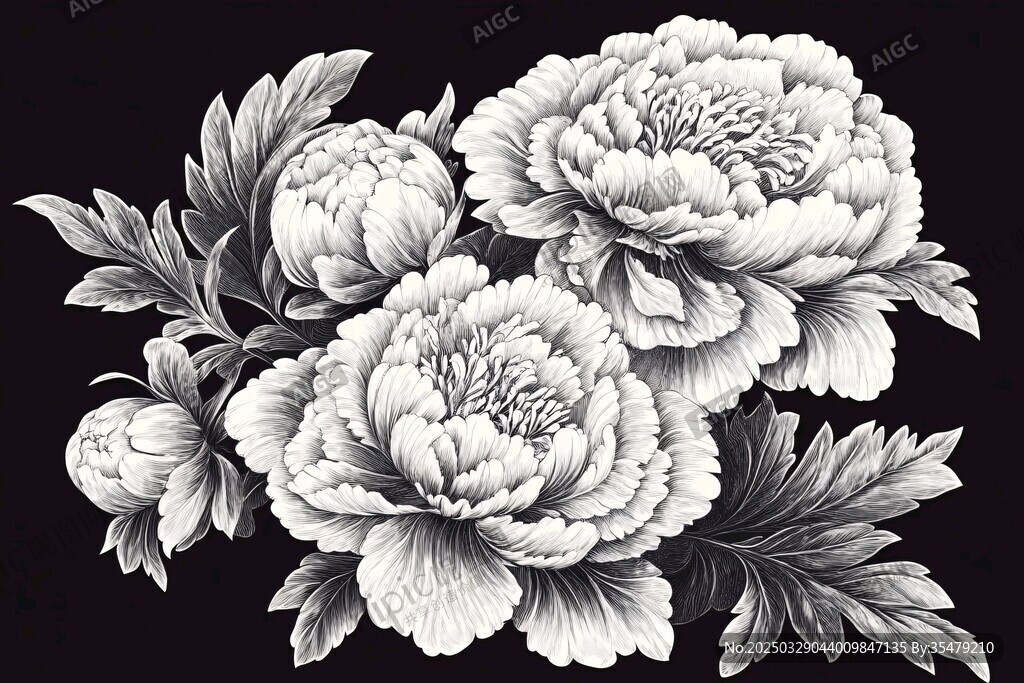 黑白牡丹花卉圖案
