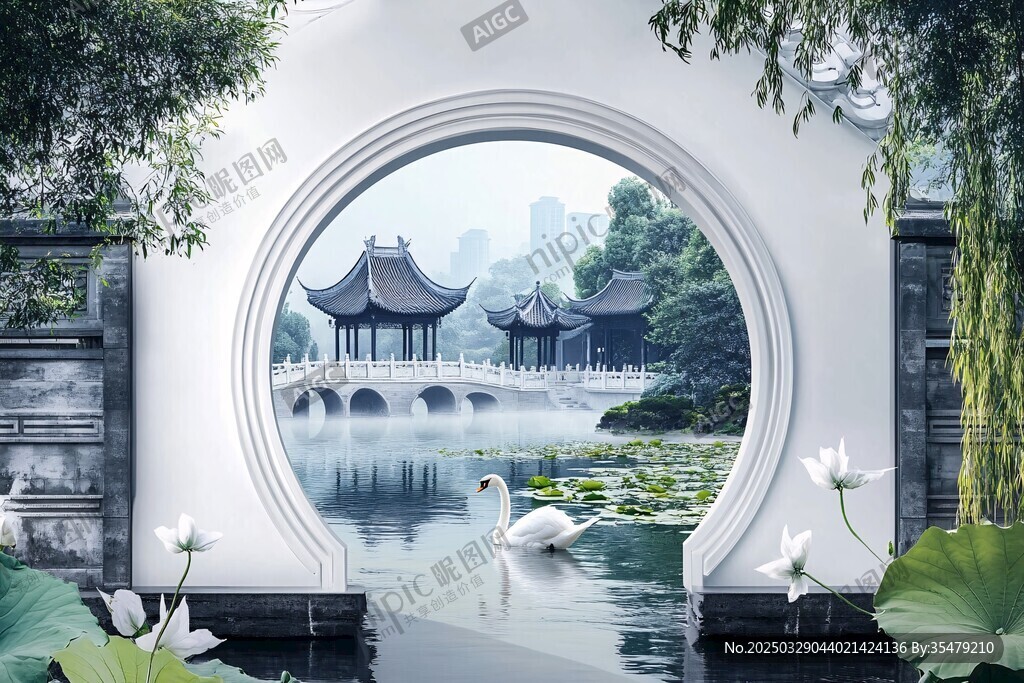 中式園林圓門處的靜謐景致