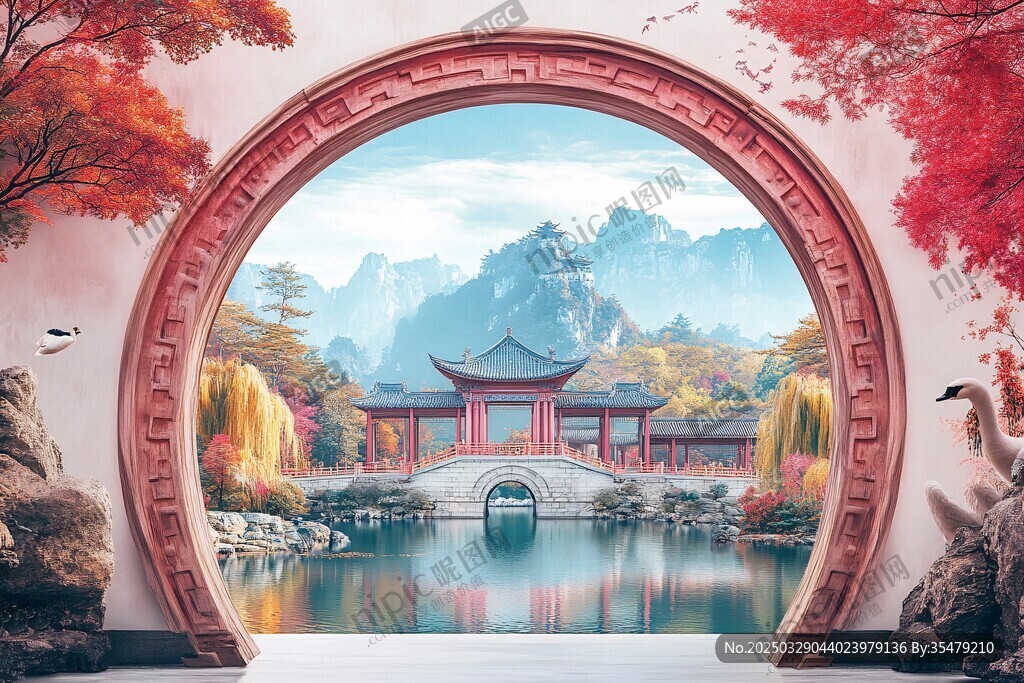 中式園林拱門山水美景圖