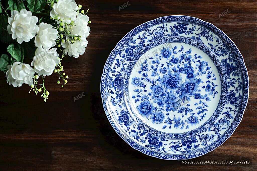 青花瓷盤與素雅白花