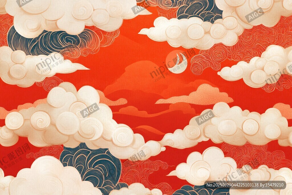紅日云海國風插畫背景圖