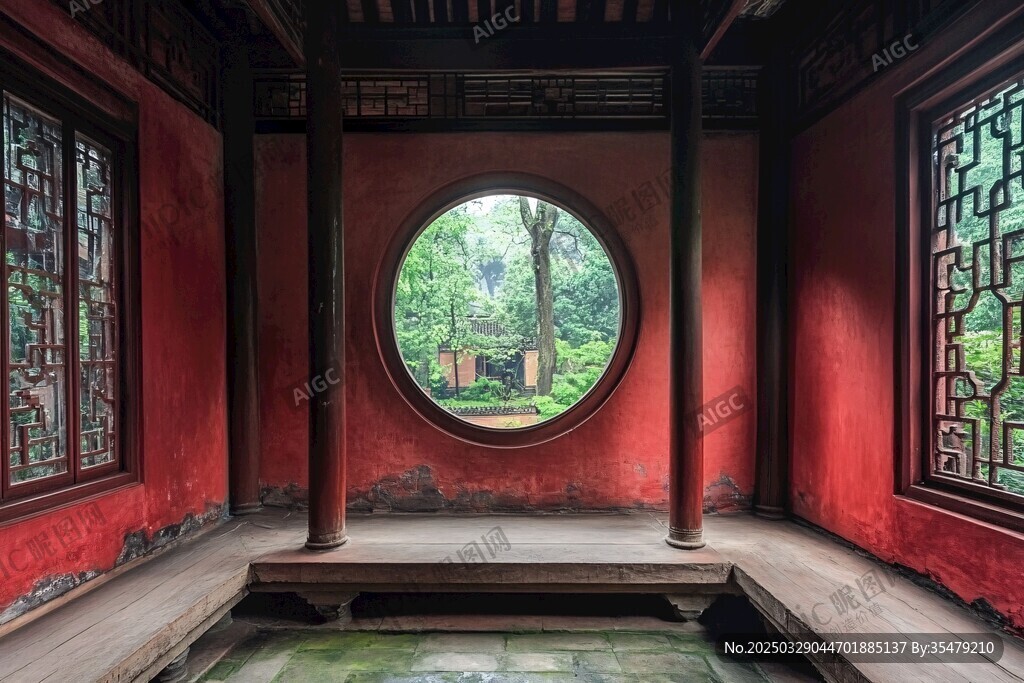 中式紅墻圓窗古典室內景