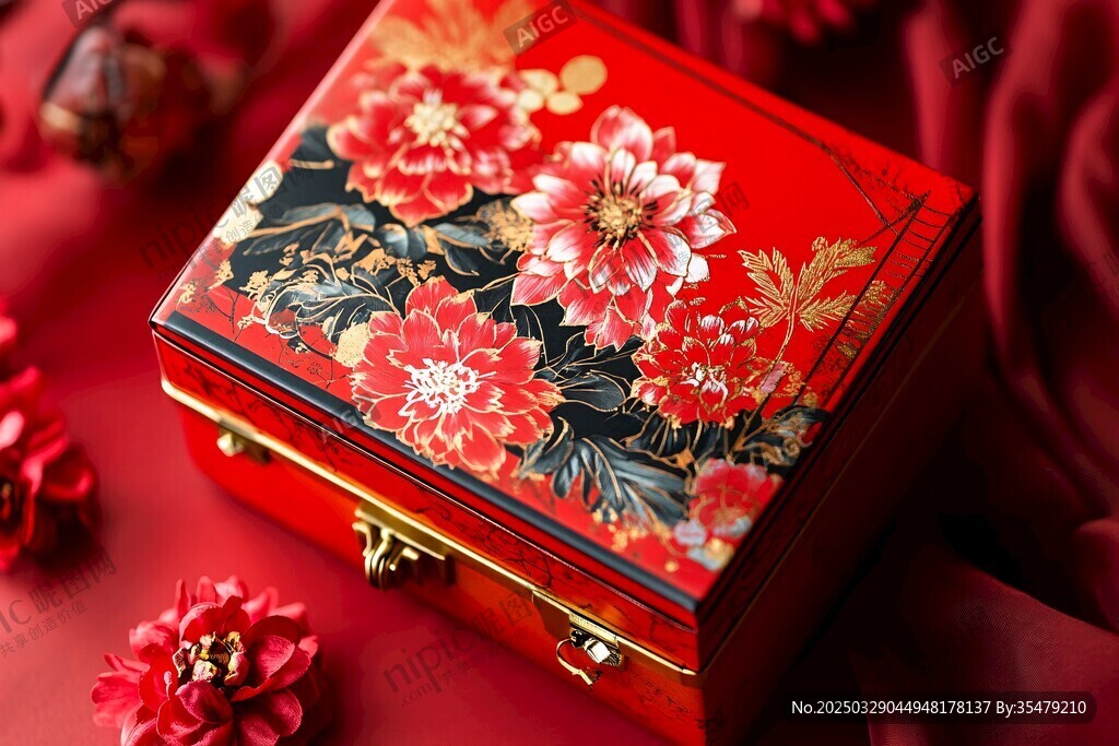 中式紅漆花卉紋精致首飾盒