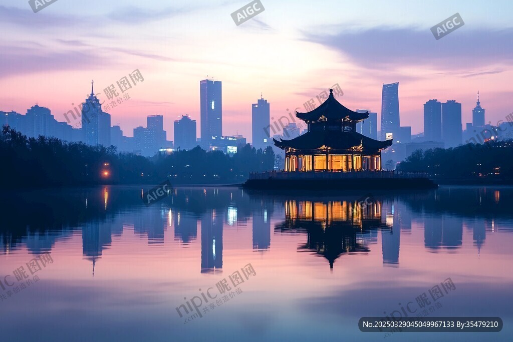 湖畔古亭映城市夢幻暮色