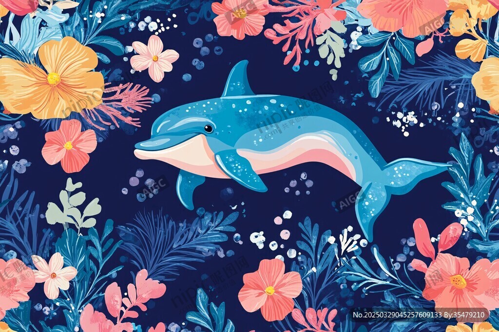 海豚暢游于繽紛花卉海洋